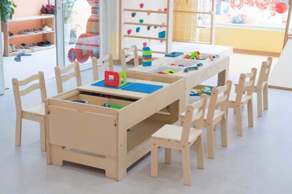 Bàn chơi Lego bằng gỗ cho trẻ em có khay chứa đồ chơi Bàn Lego mầm non bằng gỗ plywood an toàn Bàn chơi Lego Montessori cho trẻ em