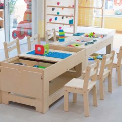 Bàn chơi Lego bằng gỗ cho trẻ em có khay chứa đồ chơi Bàn Lego mầm non bằng gỗ plywood an toàn Bàn chơi Lego Montessori cho trẻ em